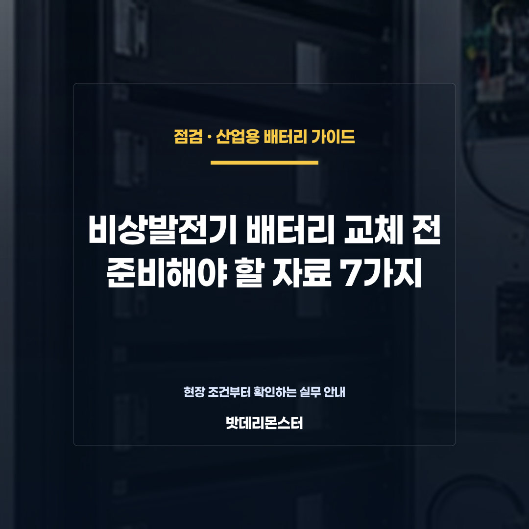 비상발전기 배터리 교체 전 준비해야 할 자료 7가지를 설명하는 산업용 배터리 점검 장면