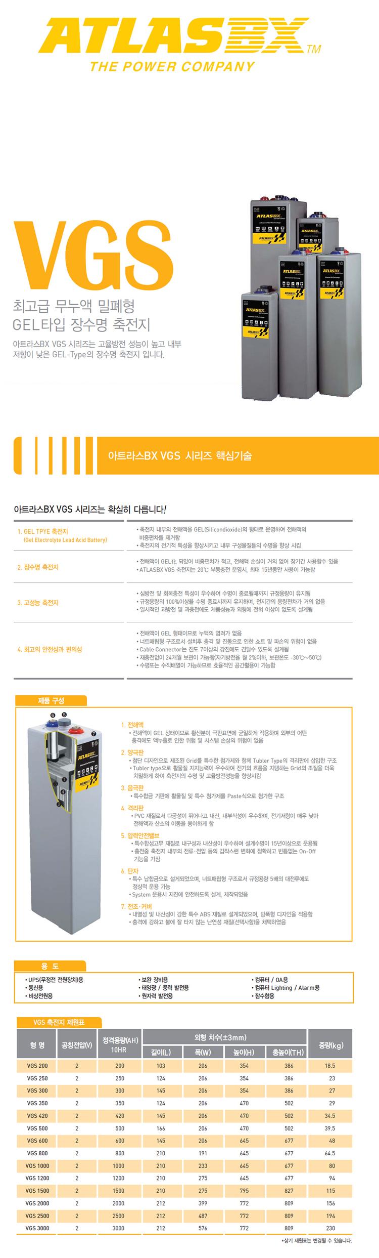 VGS200 [2V-200AH] 아트라스 ATLASBX 산업용배터리 상세 이미지 1