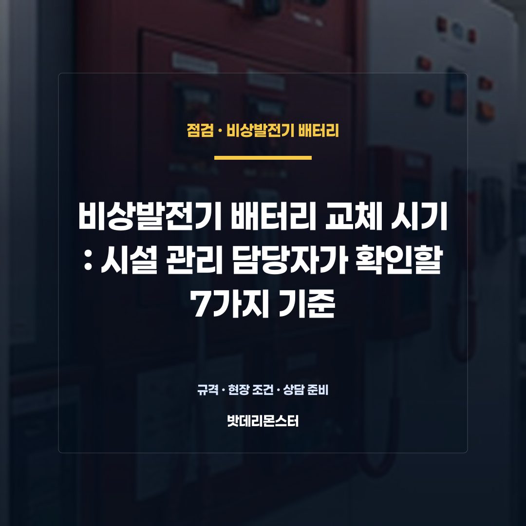 비상발전기 배터리 교체 시기 판단 기준을 설명하는 산업용 배터리 설비 안내 이미지