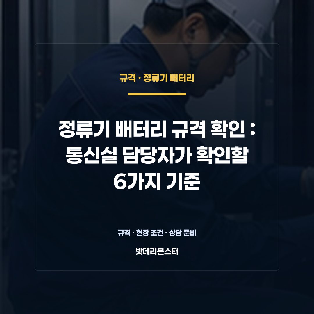 정류기 배터리 규격 확인 판단 기준을 설명하는 산업용 배터리 설비 안내 이미지
